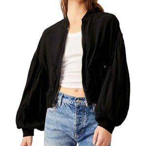 NWT FREE PEOPLE sz M On Pointe Black Balloon Sleeve Viscose Bomber Coat Jacket